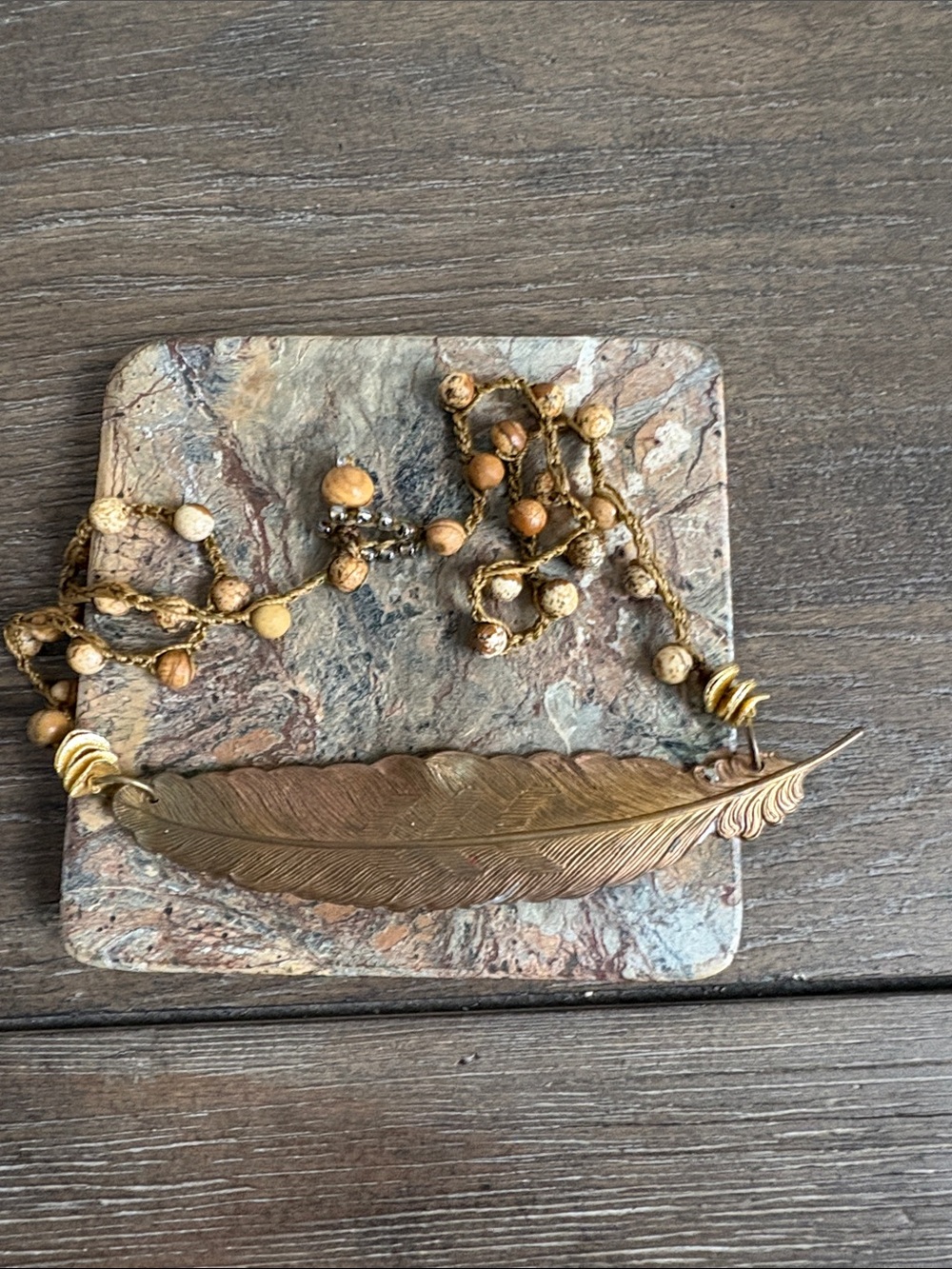Boho Feather Pendant Necklace in Antique Gold